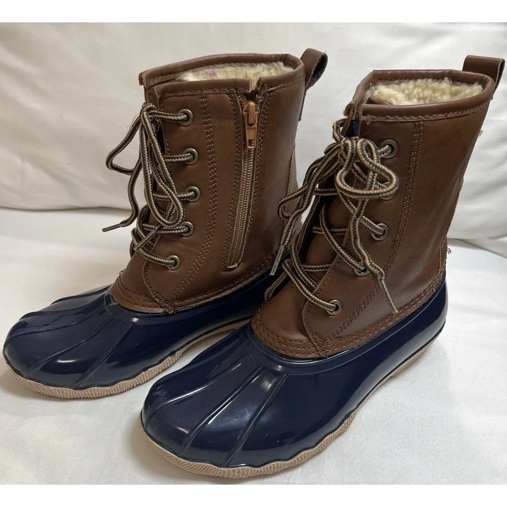 Highland Creek Kids Duck Boots Size 3 Brown/Navy Sherpa Lined Winter Rain Boots